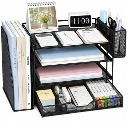 5-Tier Desk File Organizer with Drawer & Pen Holder (Black)