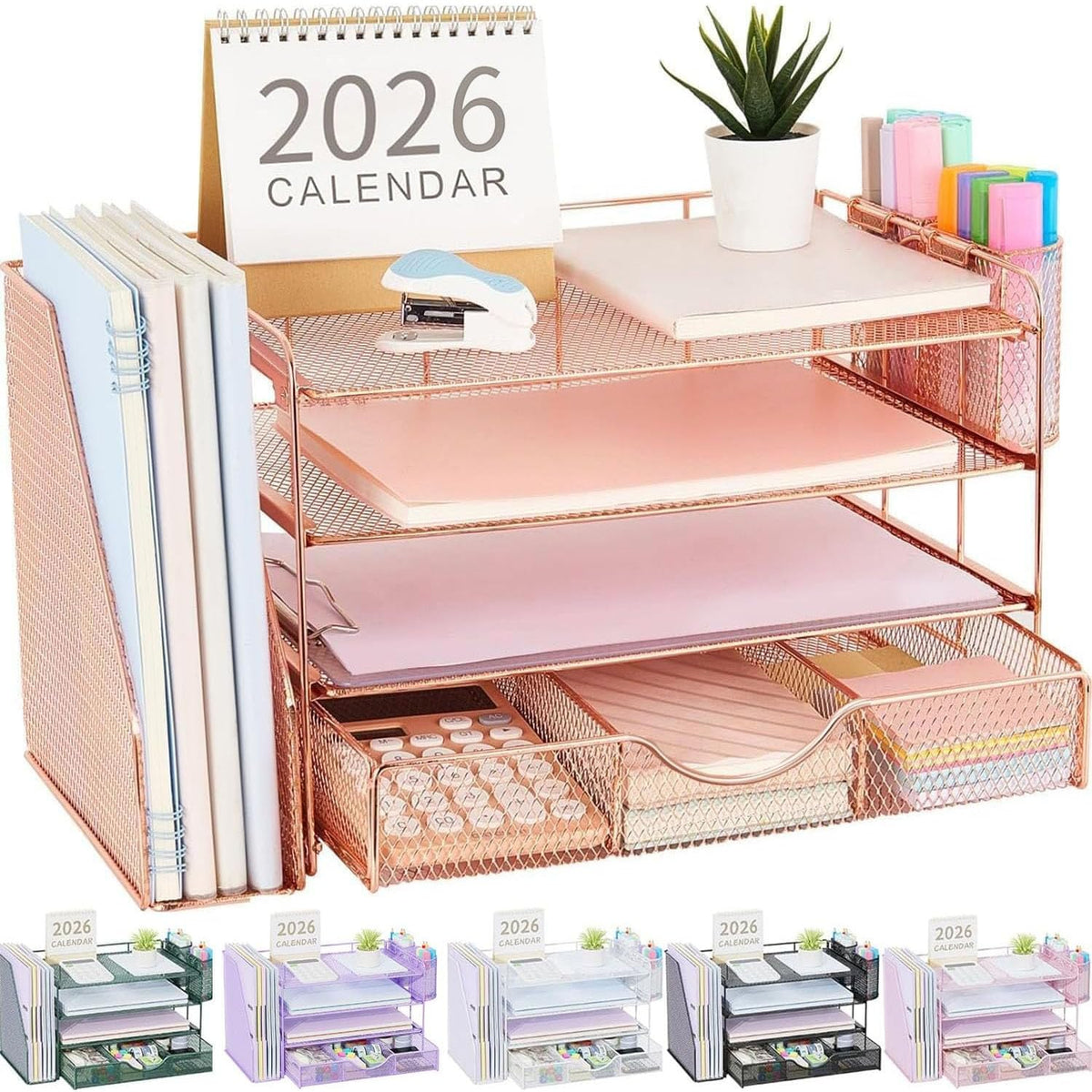 gianotter Desk Organizers and Accessories with File Holder, 4-Tier Desk Accessories & Workspace Organizers with Drawer and 2 Pen Holder, Paper Organizer for Office Supplies(Gold)