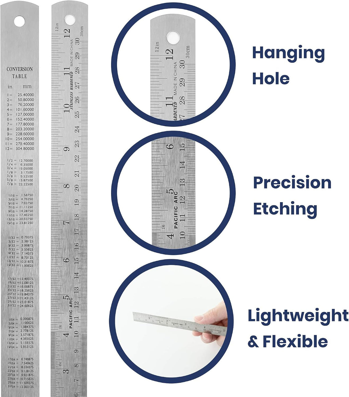 Pacific Arc 12 Inch Stainless Steel Ruler with Inch/Metric Conversion Table