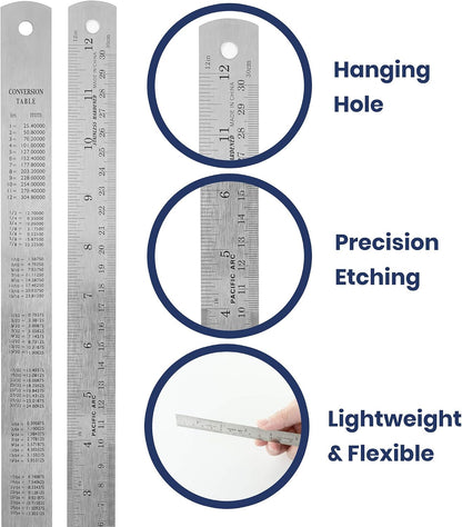Pacific Arc 12 Inch Stainless Steel Ruler with Inch/Metric Conversion Table