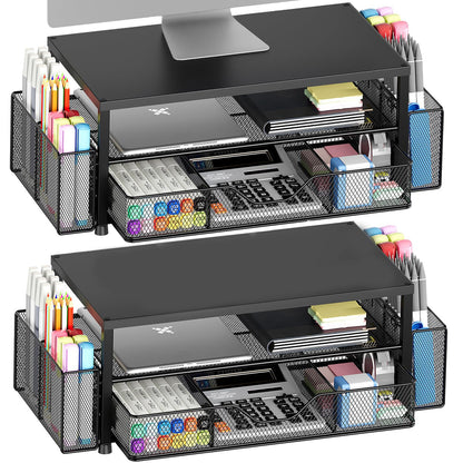 OPNICE Desk Organizer and Accessories, 2-Tier Computer Monitor Stand Riser with Drawer and 2 Pen Holders, Laptop Stand, Office Desk Accessories for Office Supplies, Black