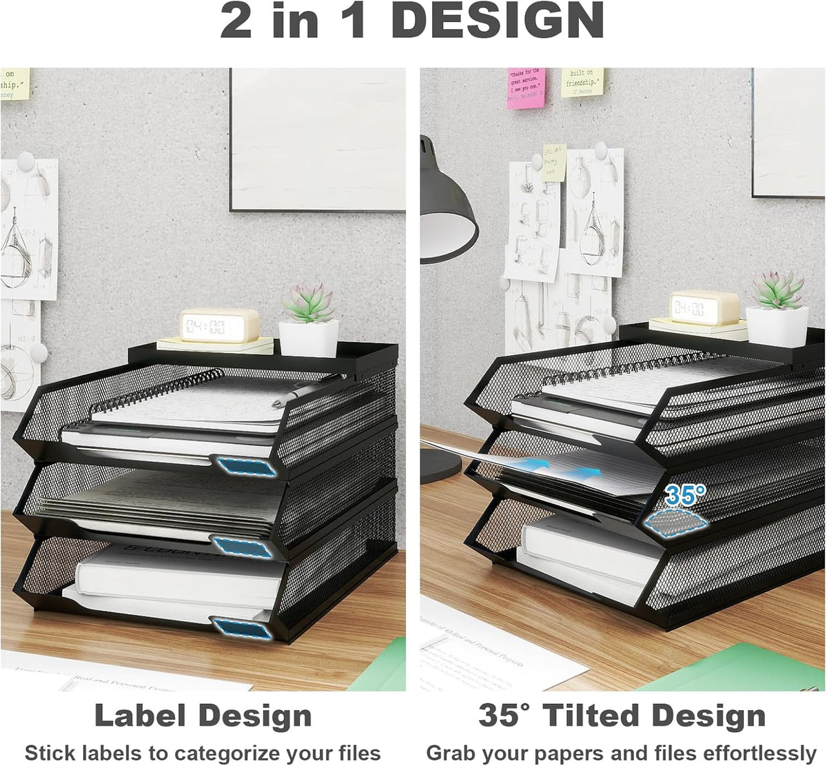 Natwind 3-Tier Stackable Metal Mesh Paper Organizer with Sliding Tray,Black
