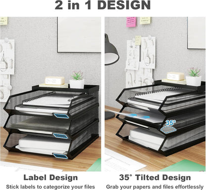 Natwind 3-Tier Stackable Metal Mesh Paper Organizer with Sliding Tray,Black