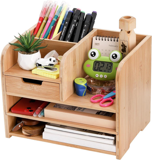 Frcctre Bamboo Desktop Organizer with Drawer, 3 Tier Wooden Desk File Document Organizer with Pen Holder, Tabletop Stationery Storage Organizer Storage Rack for Desk Accessories, Office Supplies