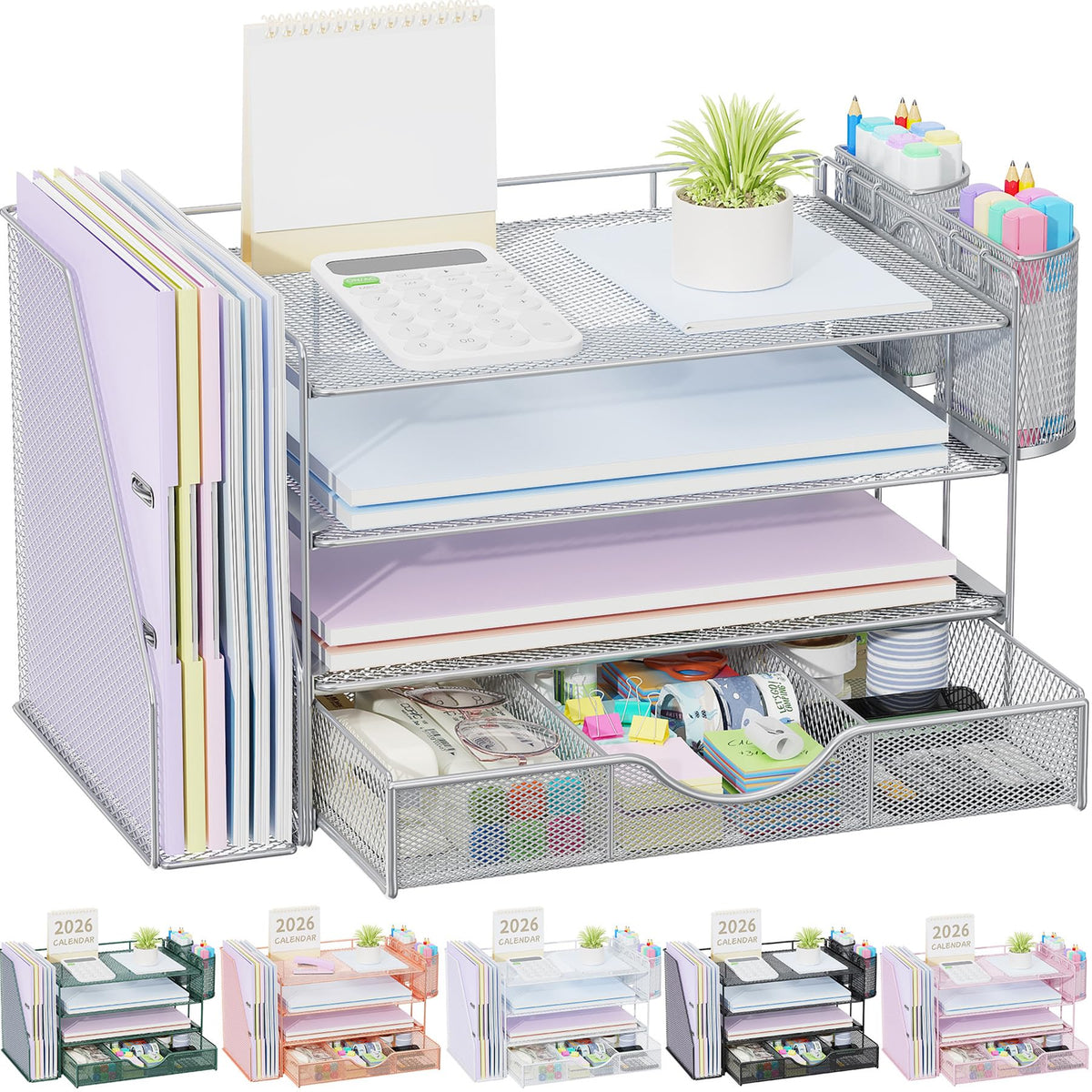 gianotter Desk Organizers and Accessories with File Holder, 4-Tier Desk Accessories & Workspace Organizers with Drawer and 2 Pen Holder, Paper Organizer for Office Supplies (Rose Gold)