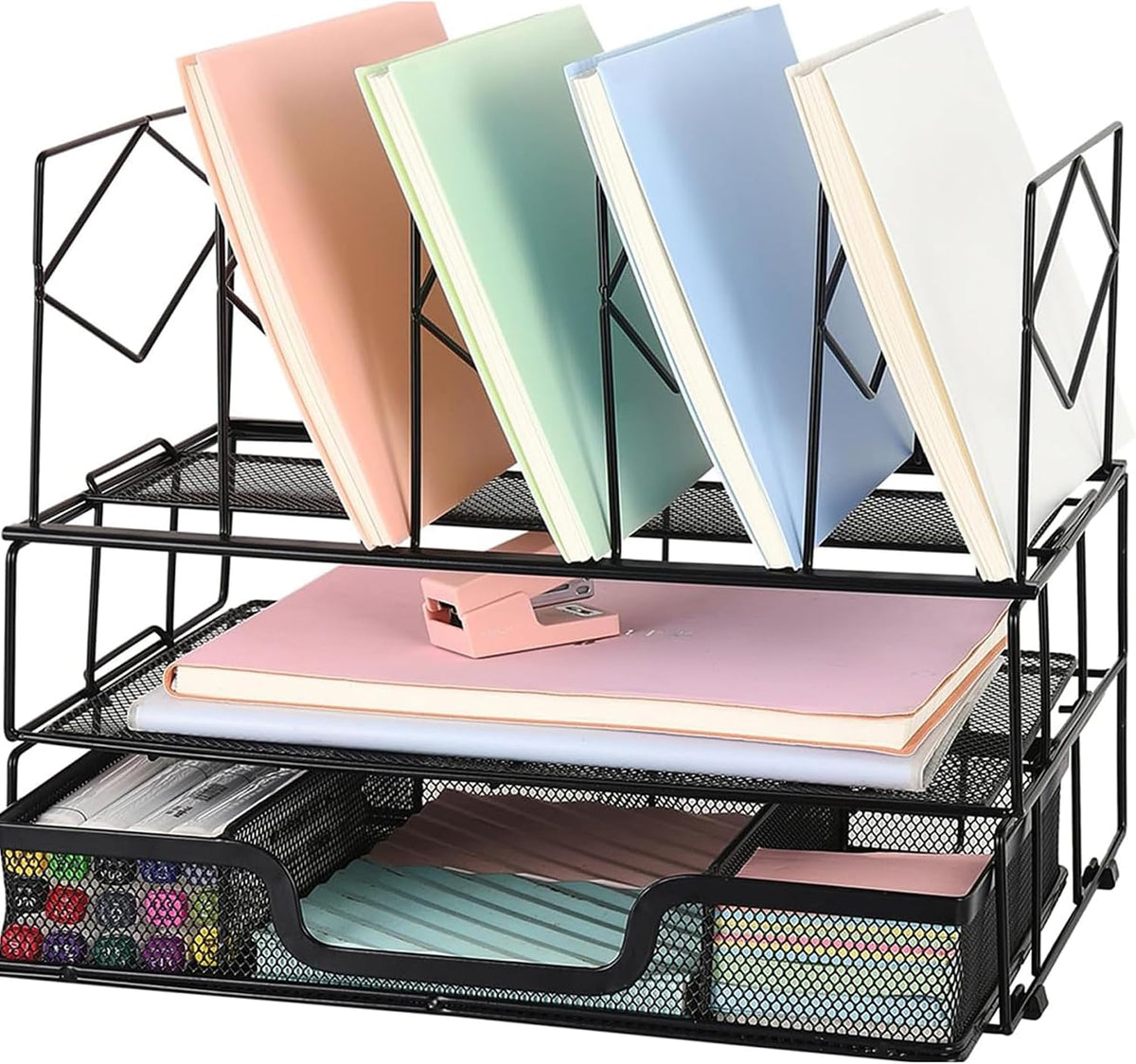 Desk Organizers and Accessories, 2-Tier Desk Organizer with Drawer, Black