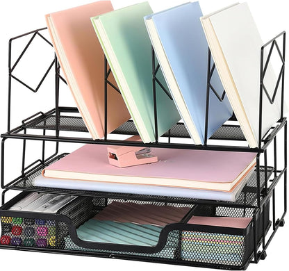 Desk Organizers and Accessories, 2-Tier Desk Organizer with Drawer, Black