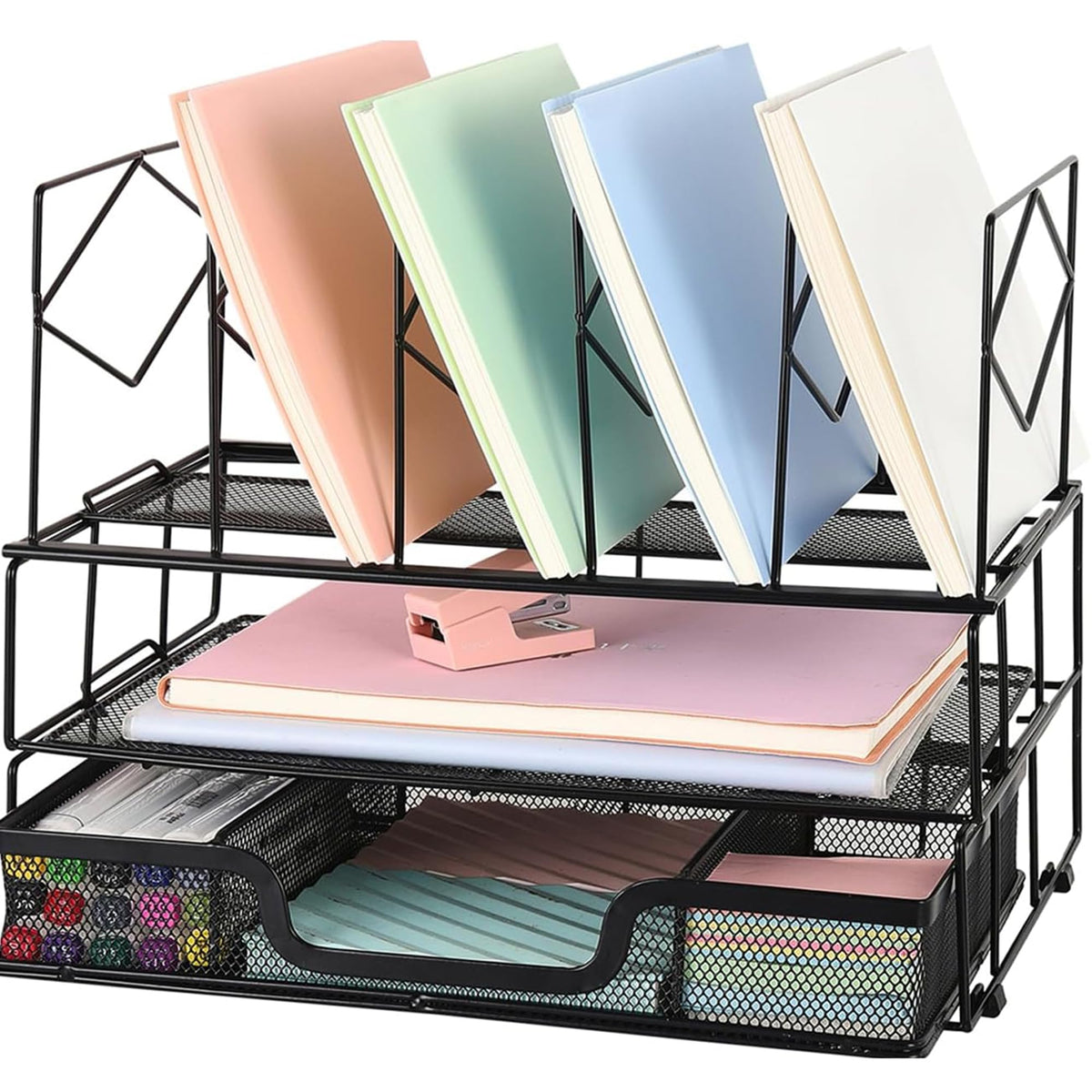 Desk Organizers and Accessories, 2-Tier Desk Organizer with Drawer, Black