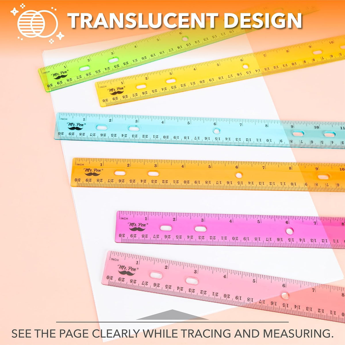 Mr. Pen- Transparent Rulers with Holes for Three-Ring Binders, 12", 6 Pack