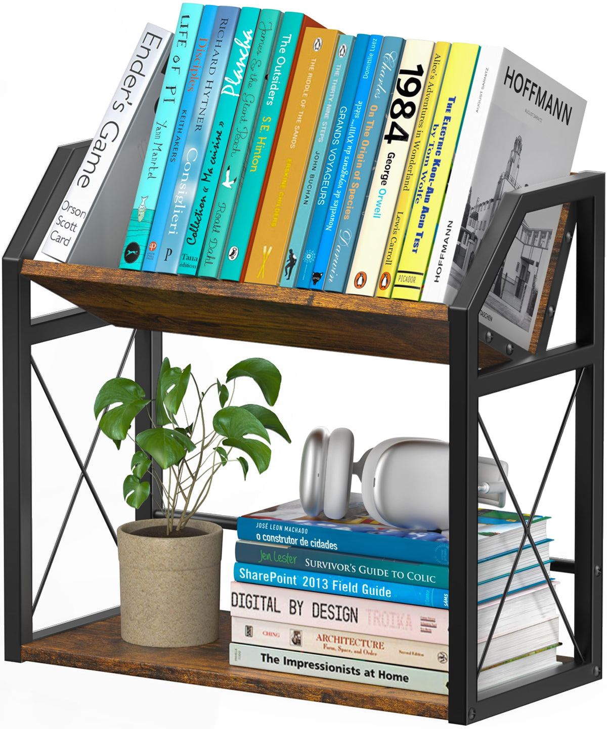 Office Desk Shelf Organizer, Wood Desktop Bookshelf Supplies Storage Rack, Shelf for Top of Desk and Dresser (Brown-2 Tier)