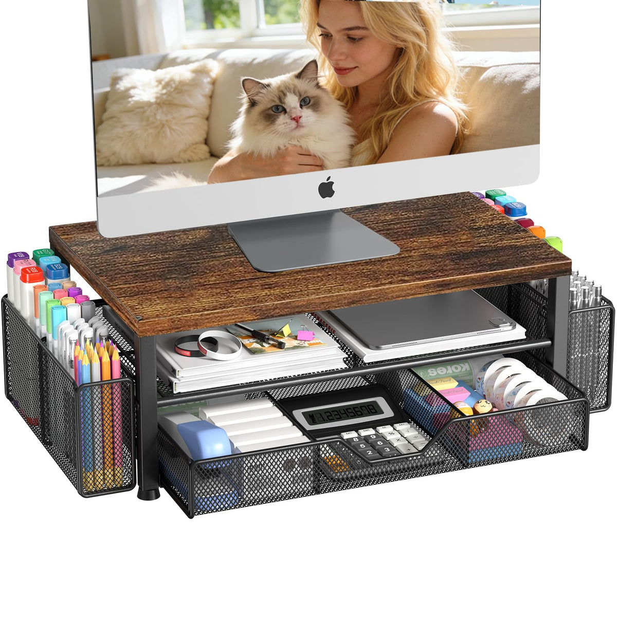 OPNICE Desk Organizers and Accessories, Computer Monitor Stand Riser with Drawer and 2 Pen Holders, Printer & Laptop Stand, Office Desk Accessories & Workspace Organizers for Home Office Supplies, Black