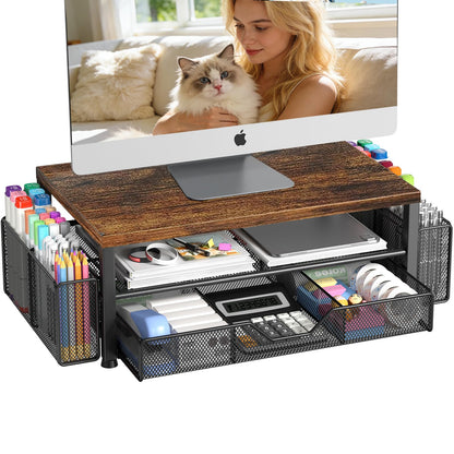 OPNICE Desk Organizers and Accessories, Computer Monitor Stand Riser with Drawer and 2 Pen Holders, Printer & Laptop Stand, Office Desk Accessories & Workspace Organizers for Home Office Supplies, Black