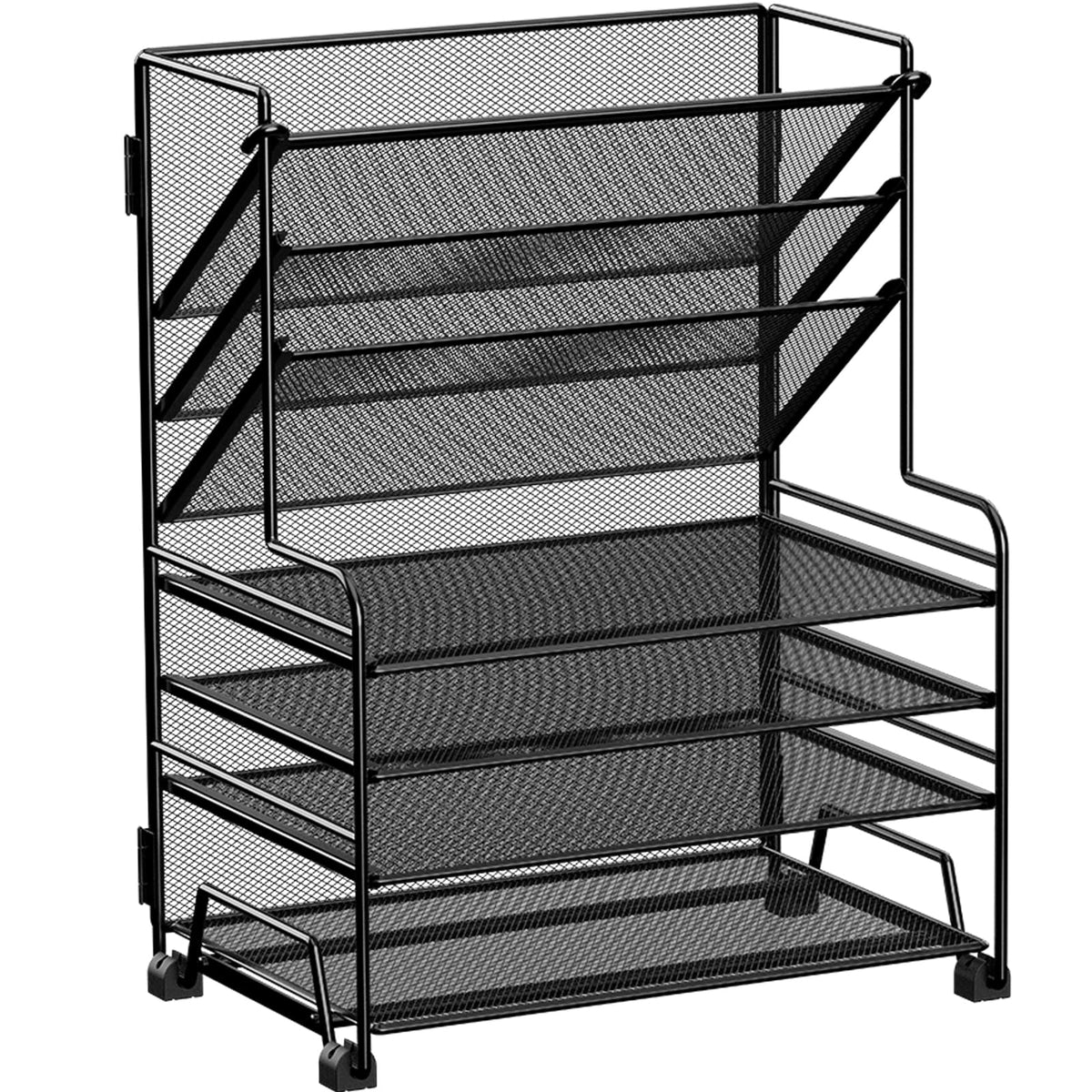MINDEPOT 4-Tier Paper Organizer + 3-Pocket File Holder + Drawer + Pen Holders, Desktop File Organizers Paper Tray for Office Accessories School Classroom Organization (Black)