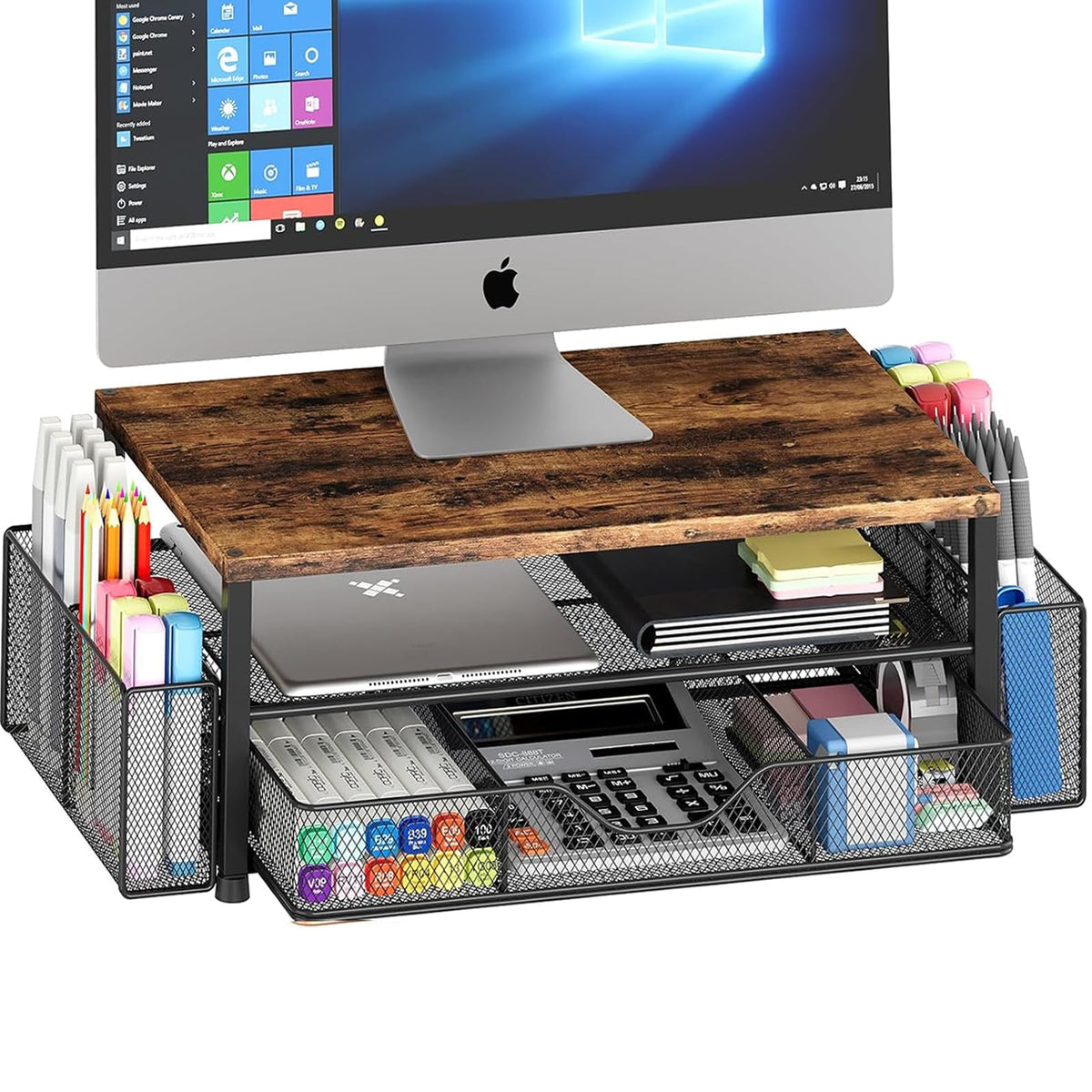 OPNICE Desk Organizer and Accessories, 2-Tier Computer Monitor Stand Riser with Drawer and 2 Pen Holders, Laptop Stand, Office Desk Accessories for Office Supplies, Black
