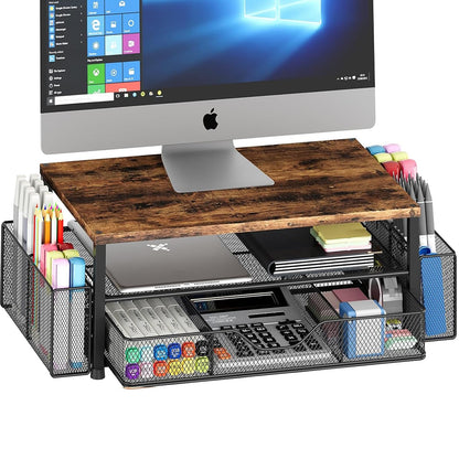 OPNICE Desk Organizer and Accessories, 2-Tier Computer Monitor Stand Riser with Drawer and 2 Pen Holders, Laptop Stand, Office Desk Accessories for Office Supplies, Black