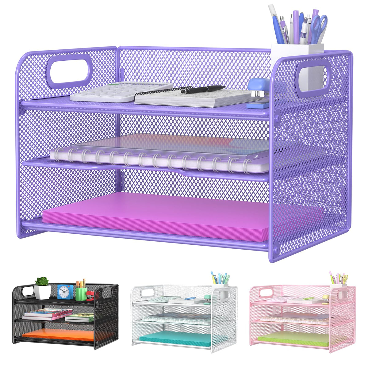 Samstar 3 Tier Letter Tray Paper Organizer with Handle, Mesh Desk Organizer Paper Sorter File Rack Shelves, Black