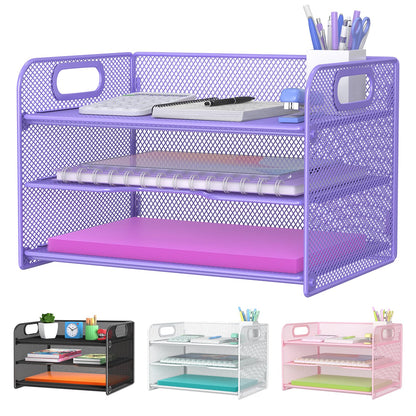 Samstar 3 Tier Letter Tray Paper Organizer with Handle, Mesh Desk Organizer Paper Sorter File Rack Shelves, Black