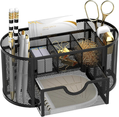 Mesh Desk Organizer with Drawer, 9-Compartment Pen Holder for Desk, Black