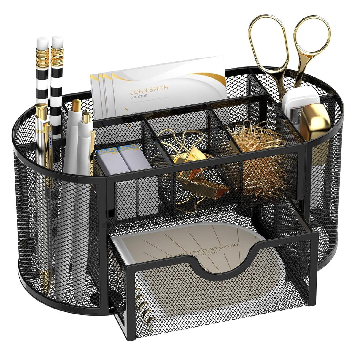 Mesh Desk Organizer with Drawer, 9-Compartment Pen Holder for Desk, Black