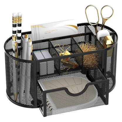 Mesh Desk Organizer with Drawer, 9-Compartment Pen Holder for Desk, Black