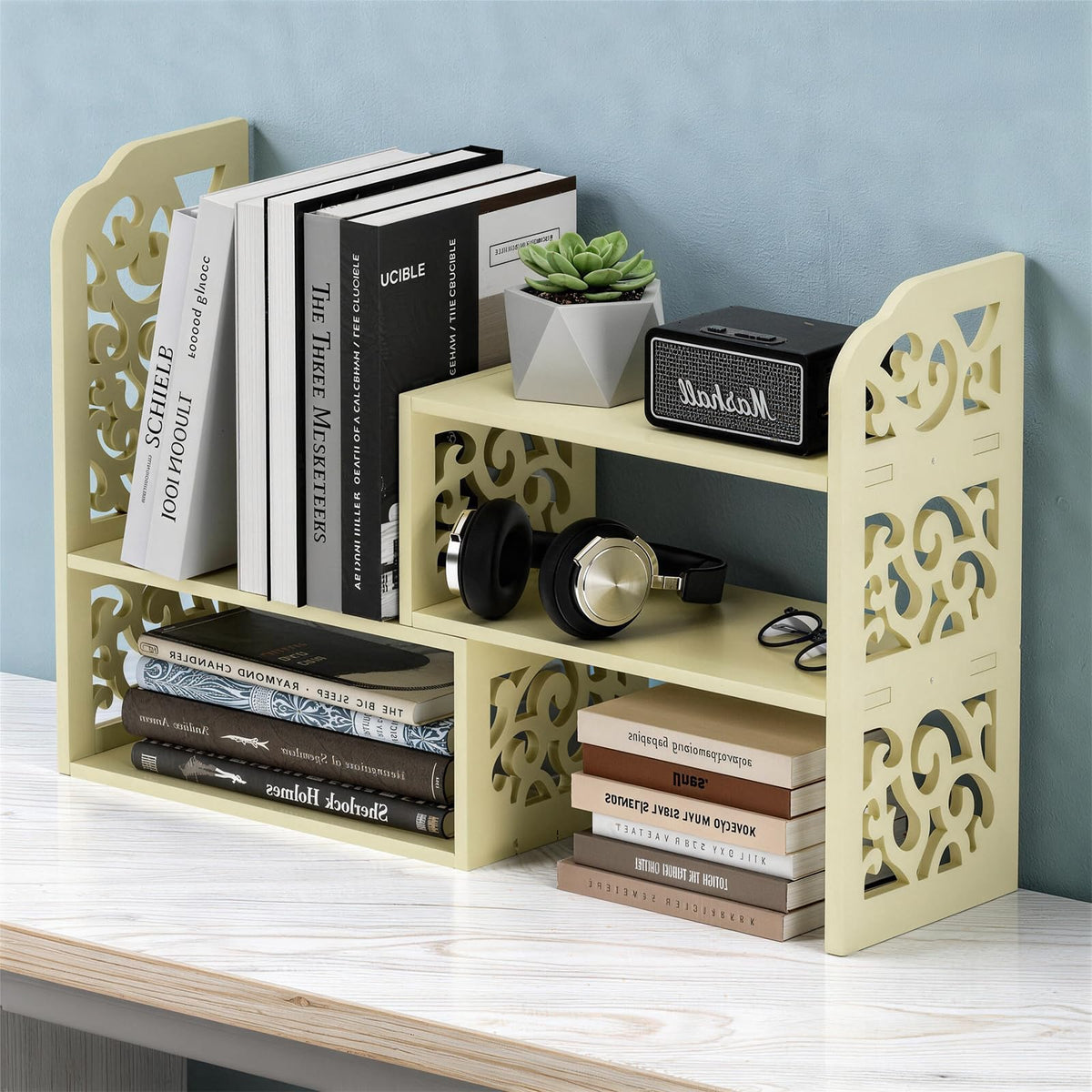YGYQZ Adjustable Desktop Shelf Organizer, 3-Tier Desk Shelf, White Pattern