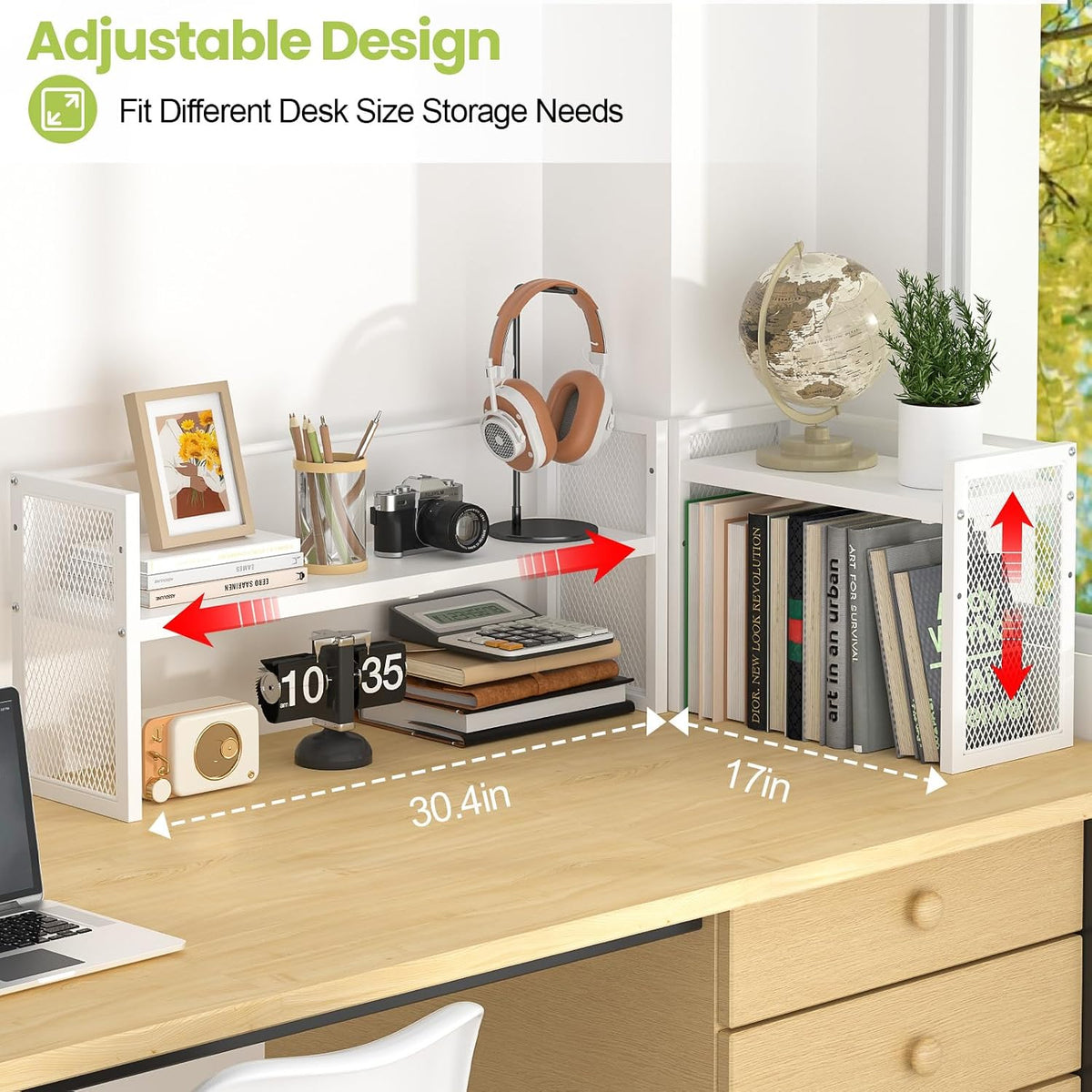 ThreeHio Expandable Desktop Bookshelf, Desk Shelf Organizer Adjustable Height, White Book Shelf for Top of Desk Organizers and Accessories, Metal Countertop Storage Display Rack for Home Office Dorm