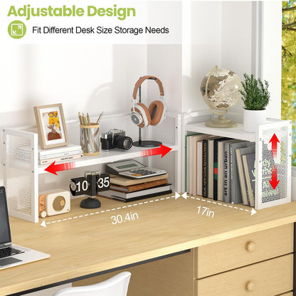 ThreeHio Expandable Desktop Bookshelf, Desk Shelf Organizer Adjustable Height, White Book Shelf for Top of Desk Organizers and Accessories, Metal Countertop Storage Display Rack for Home Office Dorm