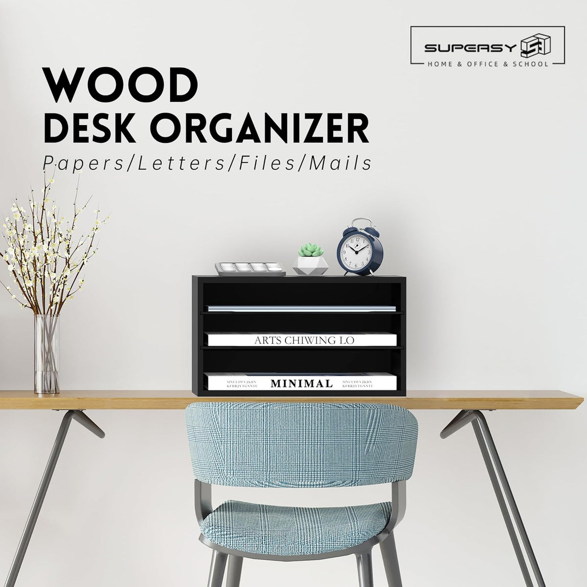 3 Tier Wood Desk Organizer, Mail Sorter and Paper Organizer for Desk, Black
