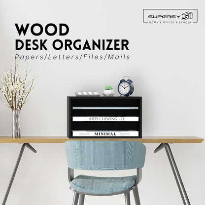3 Tier Wood Desk Organizer, Mail Sorter and Paper Organizer for Desk, Black
