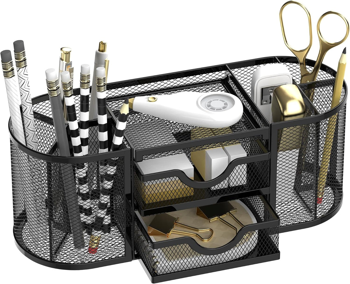 SUPEASY Mesh Desk Organizer, Pen Holder for Desk with 2 Drawers, Black