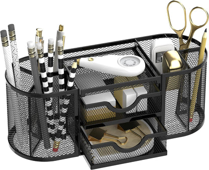 SUPEASY Mesh Desk Organizer, Pen Holder for Desk with 2 Drawers, Black