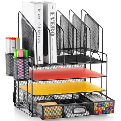 Marbrasse Desk Organizer with Drawer, 4-Tier Mesh File Organizer with 5 Vertical File Holders and 2 Pen Holders, Multifunction Desktop Organizer,Desk Organizers and Accessories for Home Office