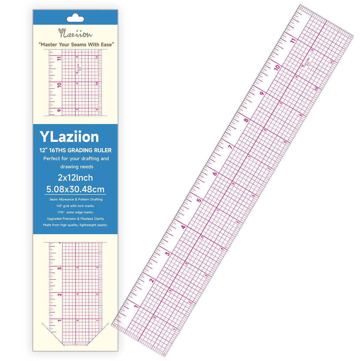 YLaziion Clear Ruler for Sewing 2x12 Inch Grid Graph Ruler 1.4mm Thick PVC