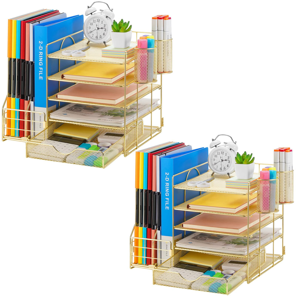 Marbrasse Desk Organizer with File Holder, 5-Tier Paper Letter Tray Organizer with Drawer and 2 Pen Holder, Mesh Desktop Organizer and Storage with Magazine Holder for Office Supplies(Black)