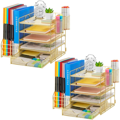 Marbrasse Desk Organizer with File Holder, 5-Tier Paper Letter Tray Organizer with Drawer and 2 Pen Holder, Mesh Desktop Organizer and Storage with Magazine Holder for Office Supplies(Black)