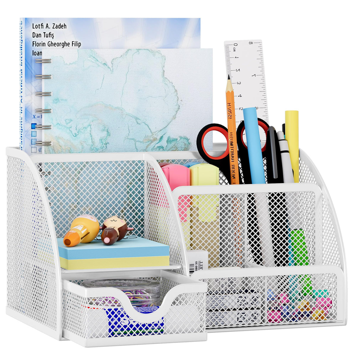 EasyPAG Mesh Desk Organizer with Drawer Multi-functional Pen Holder Stationery Organizer for Office School Supplies 6 Compartments Dorm Organizers and Storage for Desk, Black