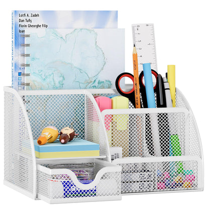 EasyPAG Mesh Desk Organizer with Drawer Multi-functional Pen Holder Stationery Organizer for Office School Supplies 6 Compartments Dorm Organizers and Storage for Desk, Black