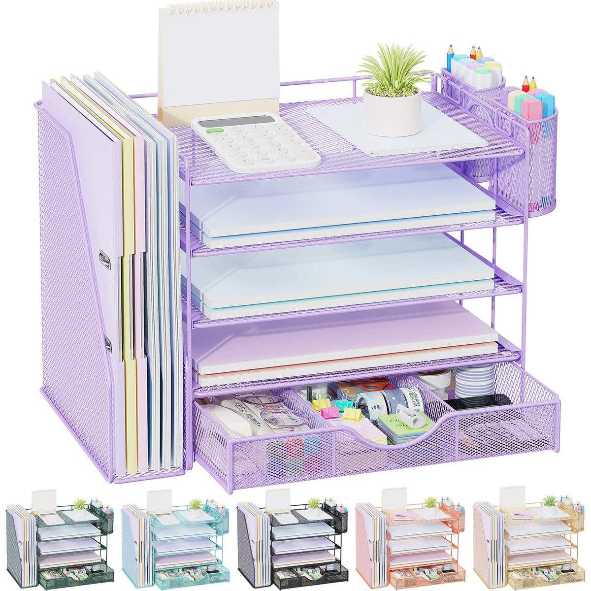 gianotter Desk Organizers and Accessories with File Holder, 4-Tier Desk Accessories & Workspace Organizers with Drawer and 2 Pen Holder, Paper Organizer for Office Supplies(Gold)