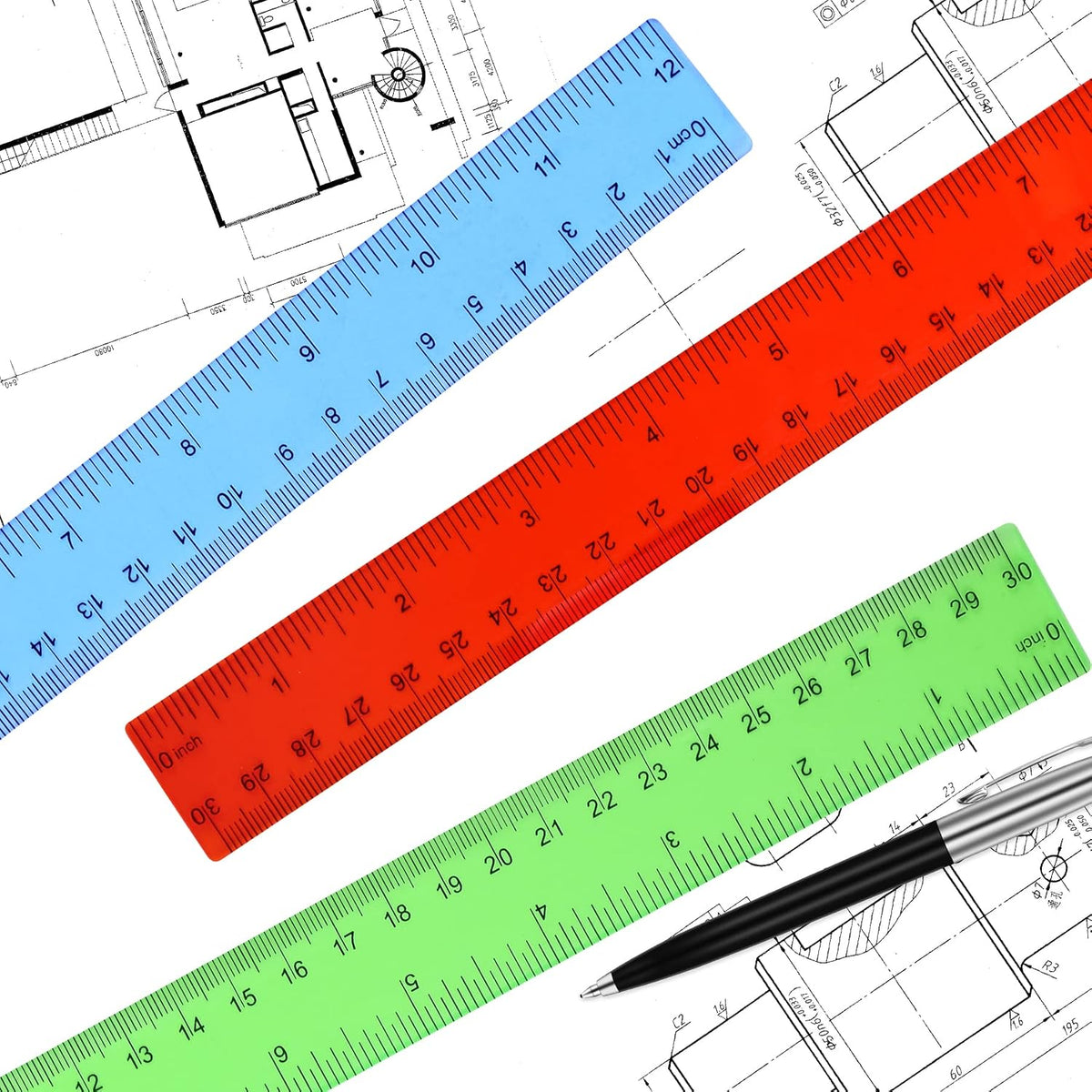 Unjoo Clear Plastic Ruler 12 Inch Straight Rulers, Assorted Colors (8 Pack)