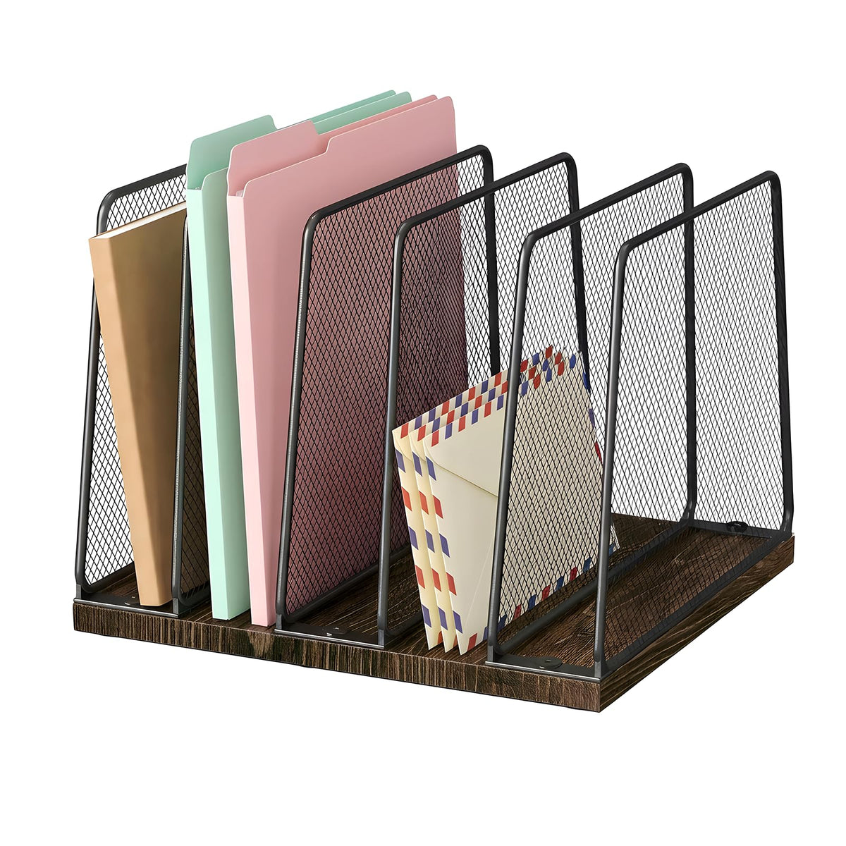 LEKETREE Gold Desk File Organizer, 5-Section Upright File Sorter, Vertical File Folder Holder, Mesh Metal Wood Office Desk Organizer for Document, Magazine, Books and more (White and Gold)