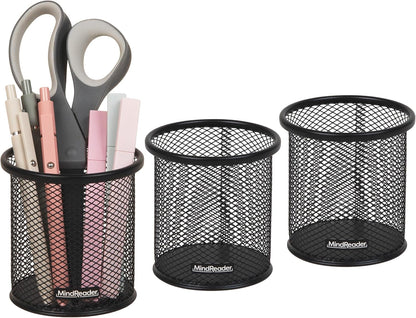 Mind Reader Pen and Accessories Holder, Desktop Organizer, Office, Metal Mesh, 3.5"L x 3.5"W x 3.75"H, Set of 3, Black