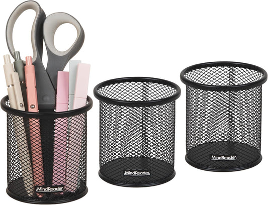 Mind Reader Pen and Accessories Holder, Desktop Organizer, Office, Metal Mesh, 3.5"L x 3.5"W x 3.75"H, Set of 3, Black
