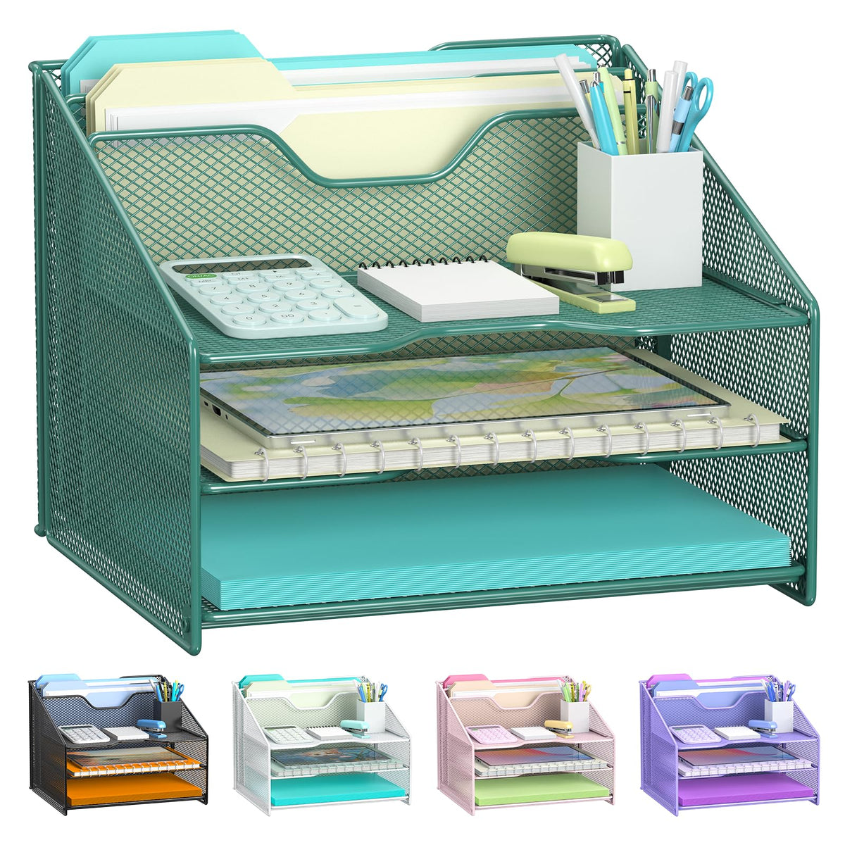 Samstar Desk File Organizer, Mesh Letter File Folder Holder with 3 Paper Trays and 2 Vertical Upright Section, for Office Supplies,Desk Accessories & Workspace,Black.