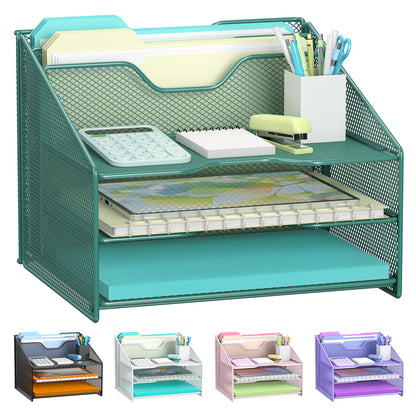 Samstar Desk File Organizer, Mesh Letter File Folder Holder with 3 Paper Trays and 2 Vertical Upright Section, for Office Supplies,Desk Accessories & Workspace,Black.