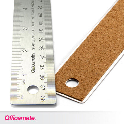 Officemate 15-Inch Flexible Stainless Steel Ruler, Metal Straight Edge Ruler with Cork Backing, 1/16 Inch and Metric Scale Markings, Tool for School, Office, Drafting, Crafts and Precision Cuts
