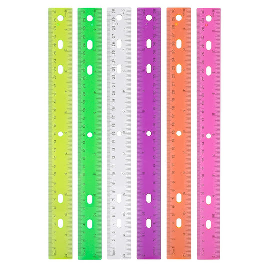 Rulers with Holes for Three-Ring Binders for School Supplies, Flexible Ruler 12 Inch for Classroom, Matrix Ruler Clear 6 Pack