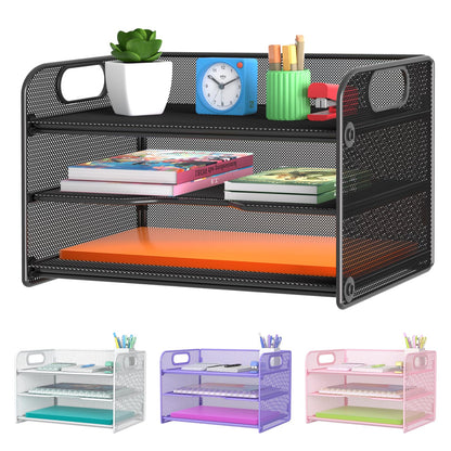 Samstar 3 Tier Letter Tray Paper Organizer with Handle, Mesh Desk Organizer Paper Sorter File Rack Shelves, Black