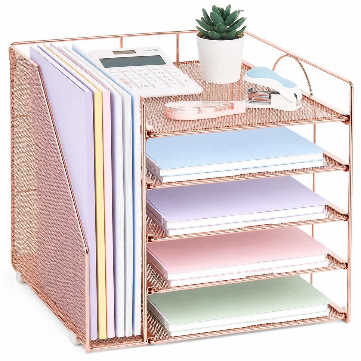 LEKETREE Desk Organizers and Accessories, 5-Tier Paper Letter Tray Organizer with File Holder, Desktop Organizer for Office Supplies (Black)