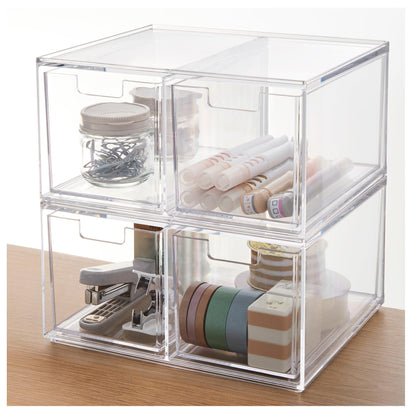 STORi Stackable Desk Drawer Organizer, Clear Pen Pencil Makeup Brush Holder for Desktops and Vanities, 4 Wide Drawers (Made in USA)