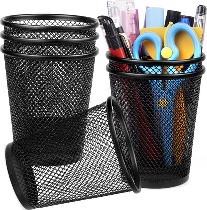 QYH Mesh Pencil Holder for Desk 6 Pack, Metal Pen Cup Black
